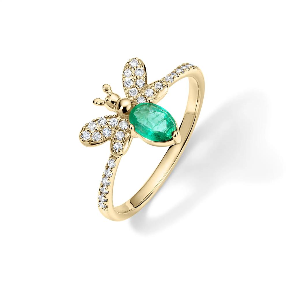 Emerald &amp; Diamond Bumblebee Ring in 10K Yellow Gold (1/4 ct. tw.) – Image 4 of 4