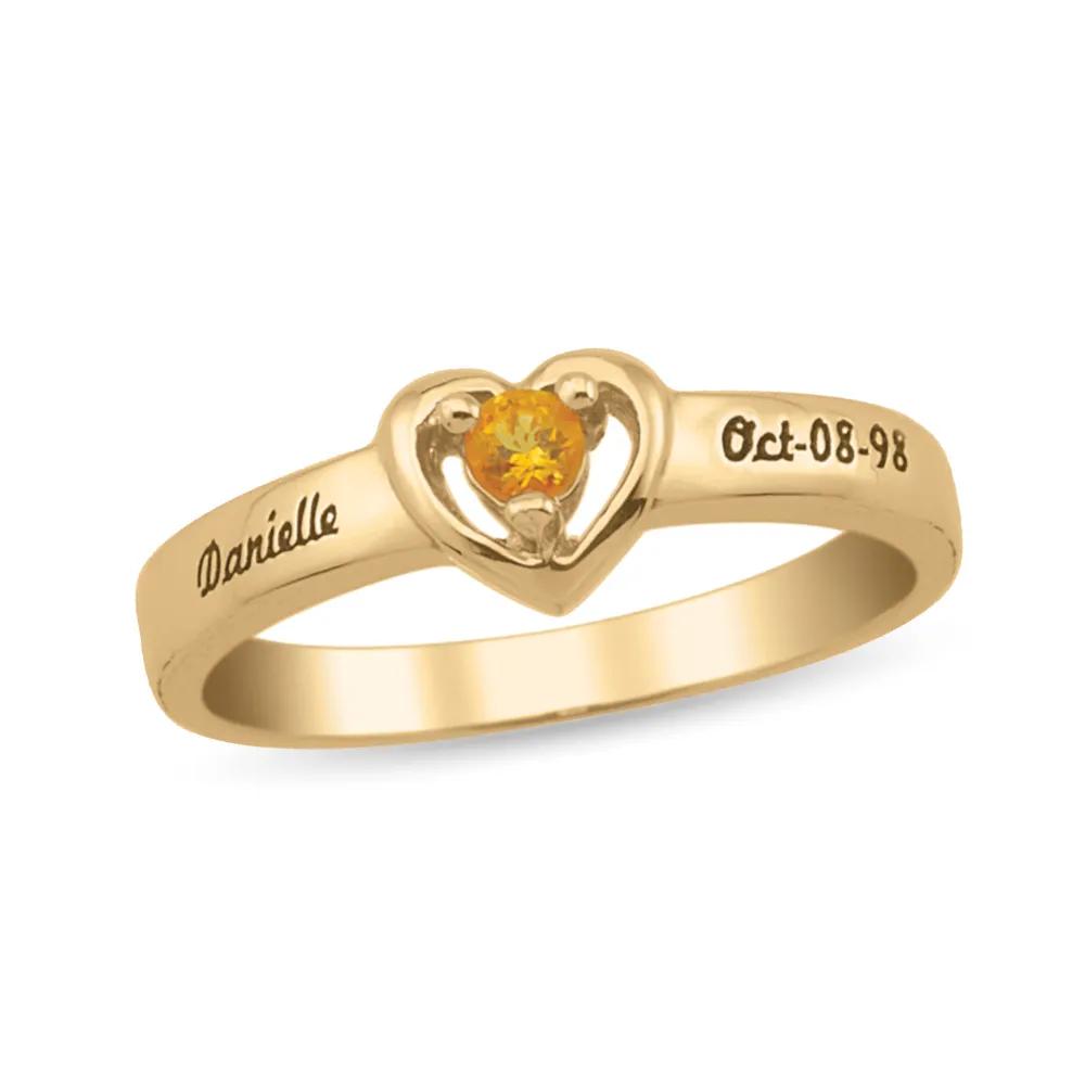 Custom Heart Gemstone Ring with Personalized Engraving