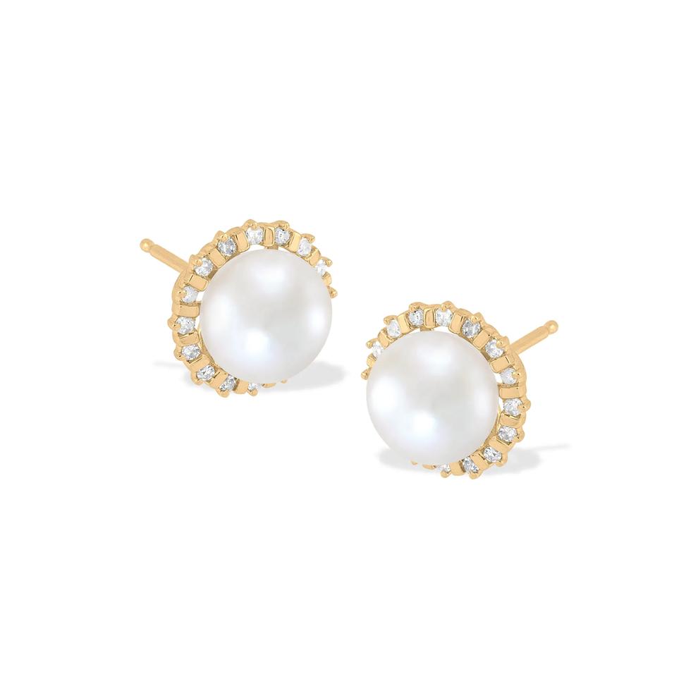 Freshwater Cultured Pearl &amp; Diamond Stud Earrings in 10K Yellow Gold (1/7 ct. tw.) – Image 1 of 2