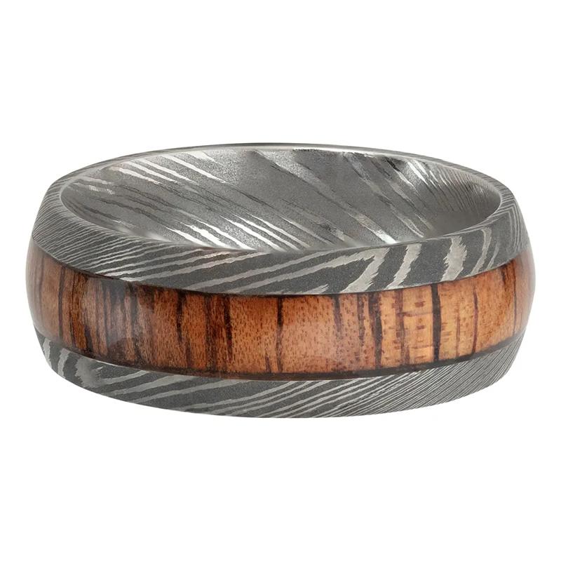 Men&rsquo;s Wood Inlay Wedding Band in Damascus Steel – Image 4 of 4