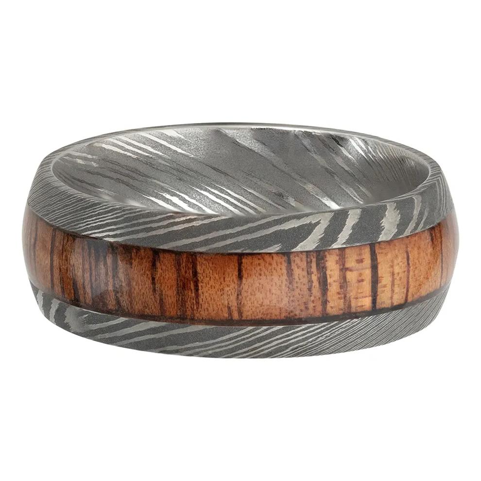 Men&rsquo;s Wood Inlay Wedding Band in Damascus Steel – Image 4 of 4