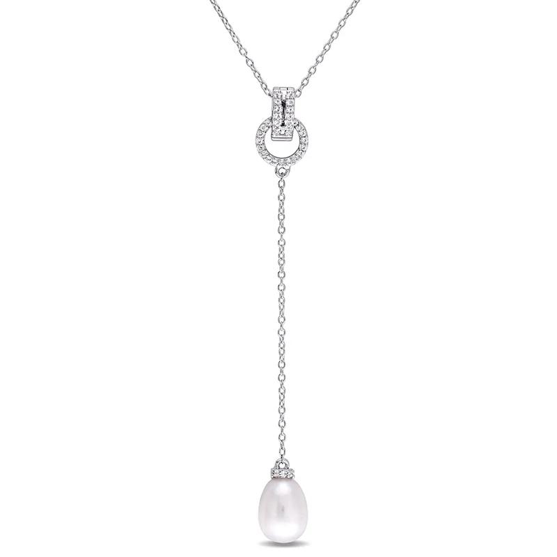 Pearl Drop Necklace with White Topaz in Sterling Silver – Image 1 of 3