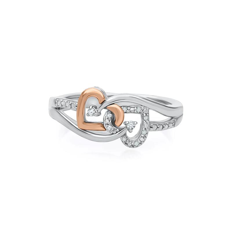 Diamond Double Heart Promise Ring in Sterling Silver &amp; 10K Rose Gold – Image 1 of 4