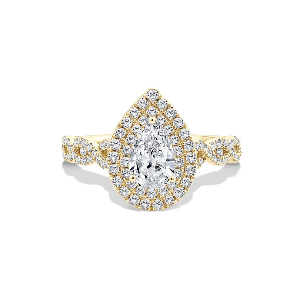 Lab Grown Diamond Pear-Shaped Halo Engagement Ring in 10K Yellow Gold (1 1/5 ct. tw.) – Image 1 of 4