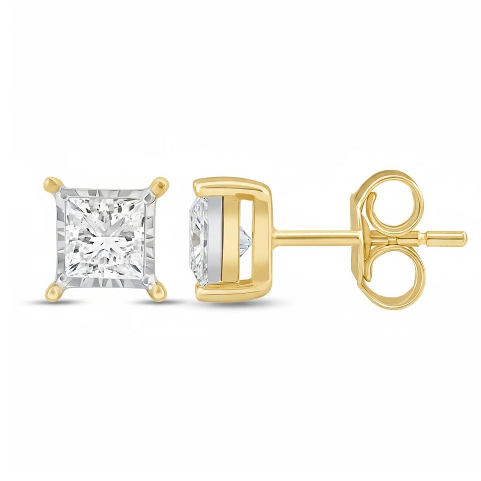 Lab Grown Princess-Cut Diamond Illusion Stud Earrings in 10K Yellow Gold (3/4 ct. tw.) – Image 2 of 4