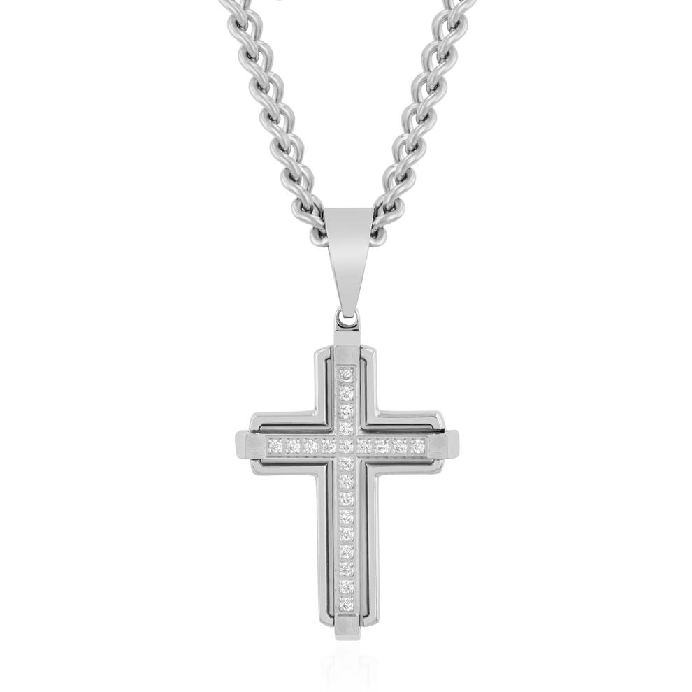 Men's Diamond Cross Pendant on Curb Chain in Stainless Steel (1/7 ct. tw.) – Image 1 of 3