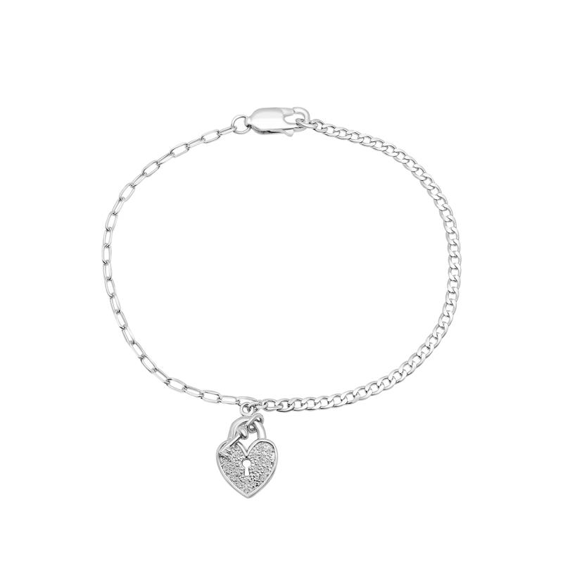 Diamond Heart Lock Bracelet in Sterling Silver &#40;1/10 ct. tw.&#41; – Image 1 of 1