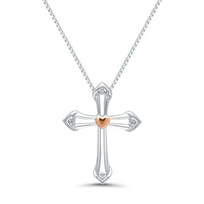 Diamond Open Cross & Heart Pendant in Sterling Silver & 14K Rose Gold