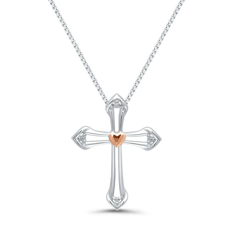 Diamond Open Cross &amp; Heart Pendant in Sterling Silver &amp; 14K Rose Gold – Image 1 of 3