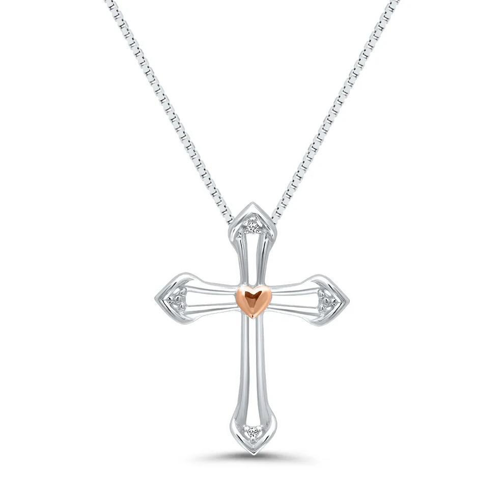 Diamond Open Cross &amp; Heart Pendant in Sterling Silver &amp; 14K Rose Gold – Image 1 of 3