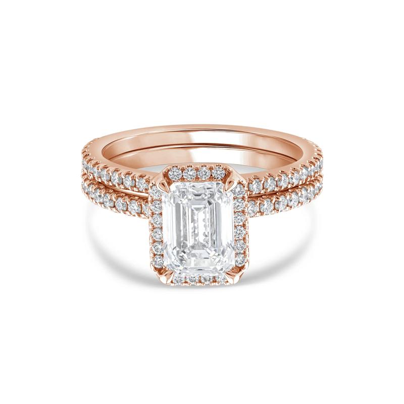 Lab Grown Diamond Emerald-Cut Halo Bridal Set in 14K Rose Gold &#40;2 3/4 ct. tw.&#41; – Image 1 of 3