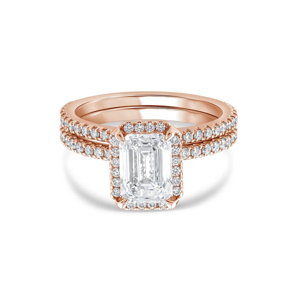 Lab Grown Diamond Emerald-Cut Halo Bridal Set in 14K Rose Gold (2 3/4 ct. tw.) – Image 1 of 3