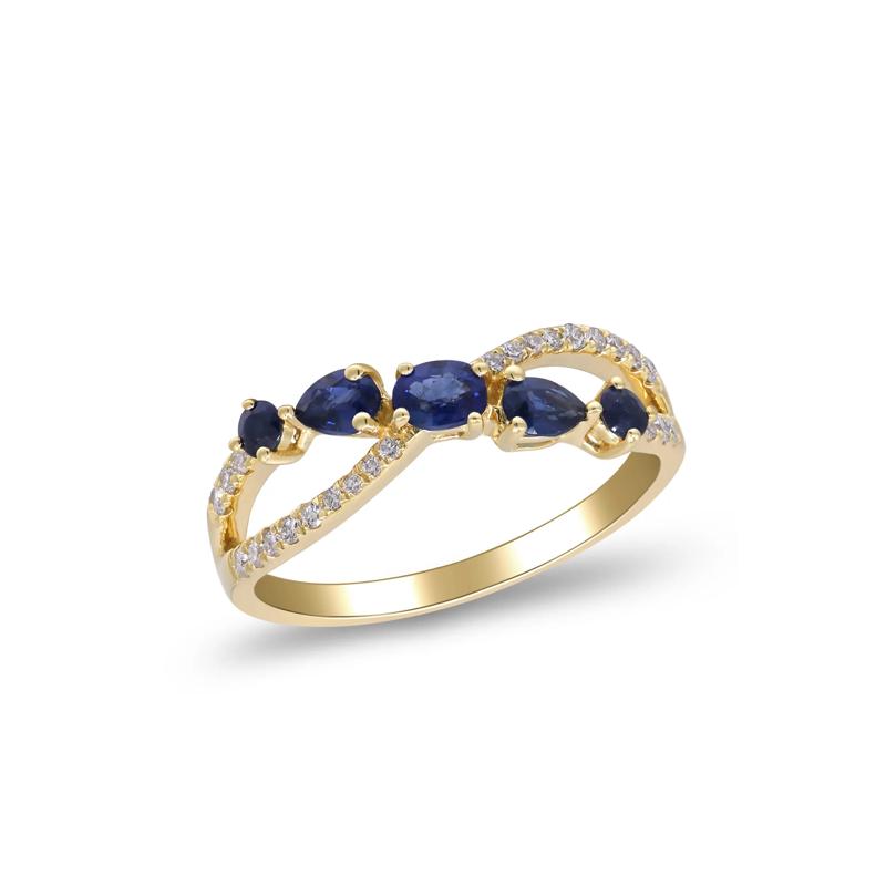 Blue Sapphire and Diamond Crossover Band in 10K Yellow Gold &#40;1/7 ct. tw.&#41; – Image 4 of 5