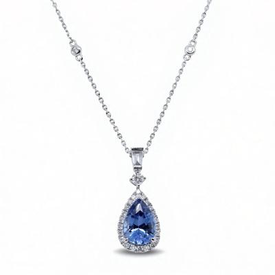 Blue Sapphire & Diamond Pendant Necklace in 18K White Gold (3/8 ct. tw.)