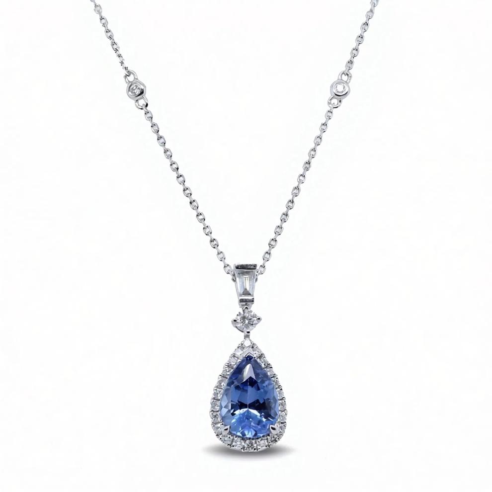 Blue Sapphire &amp; Diamond Pendant Necklace in 18K White Gold (3/8 ct. tw.) – Image 1 of 4
