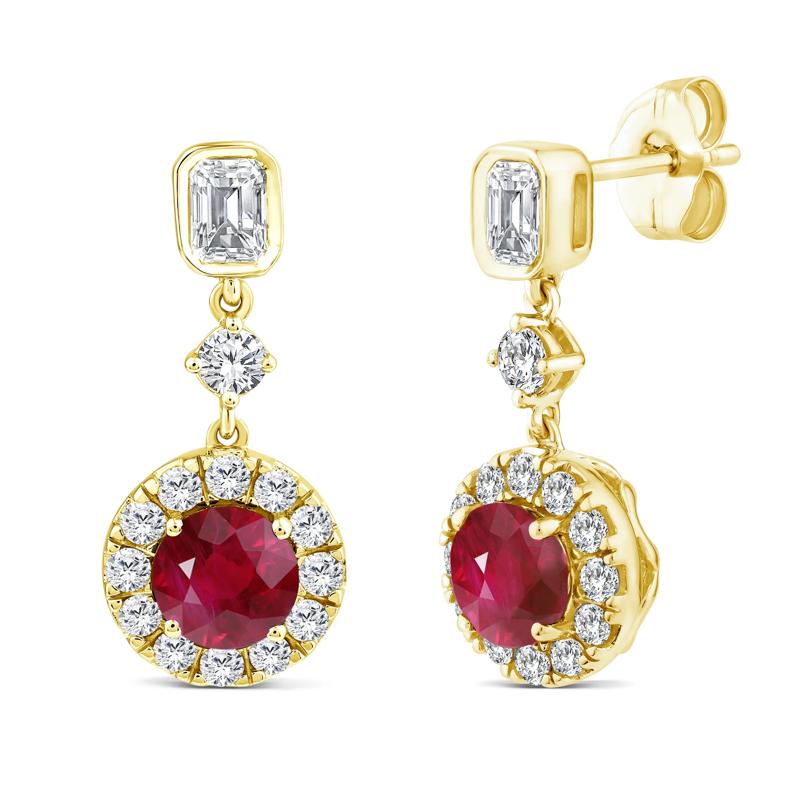 Ruby and Diamond Halo Drop Earring in 10K Yellow Gold &#40;3/4 ct. tw.&#41; – Image 1 of 2