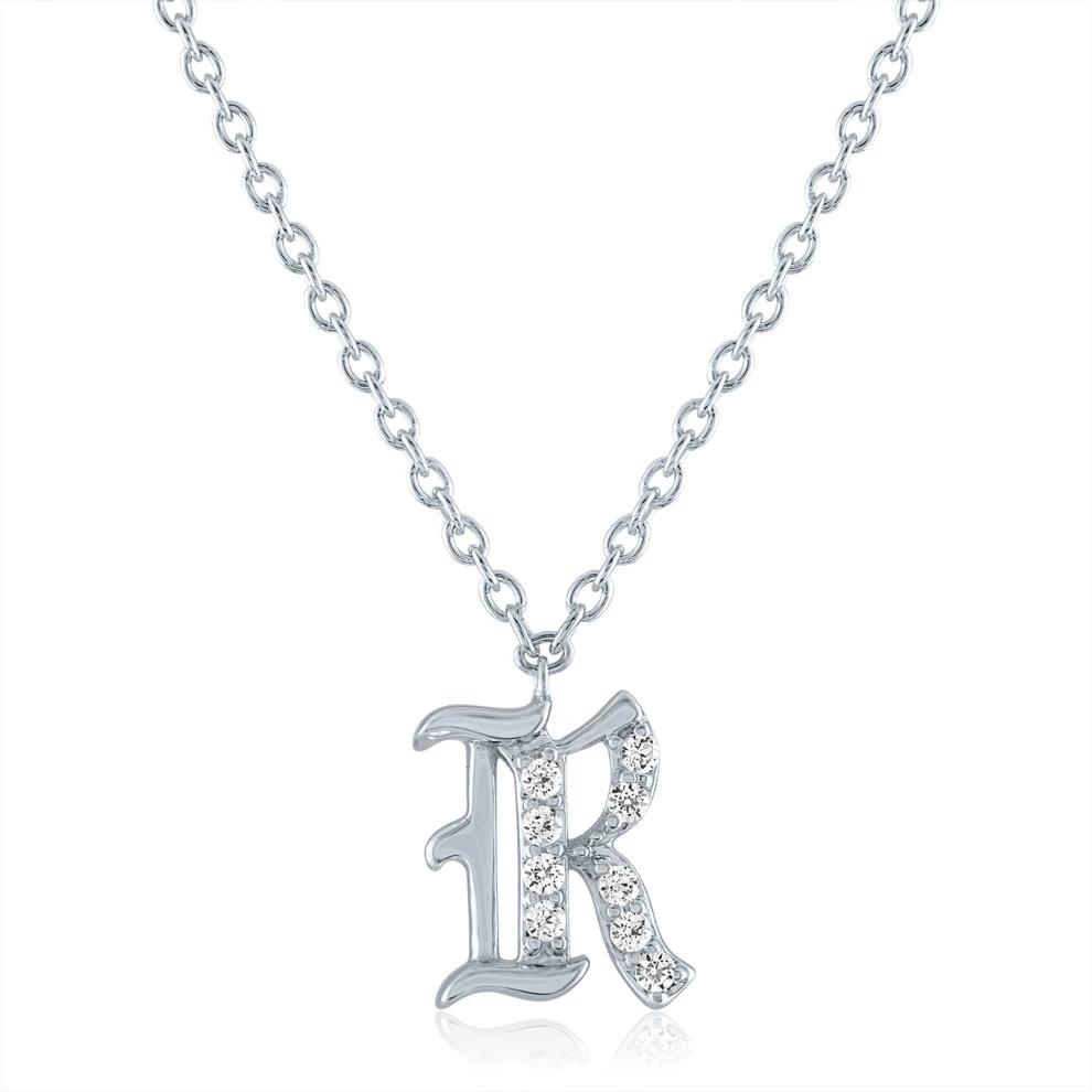 Diamond Accent Gothic Script R Initial Pendant in Sterling Silver  – Image 1 of 3
