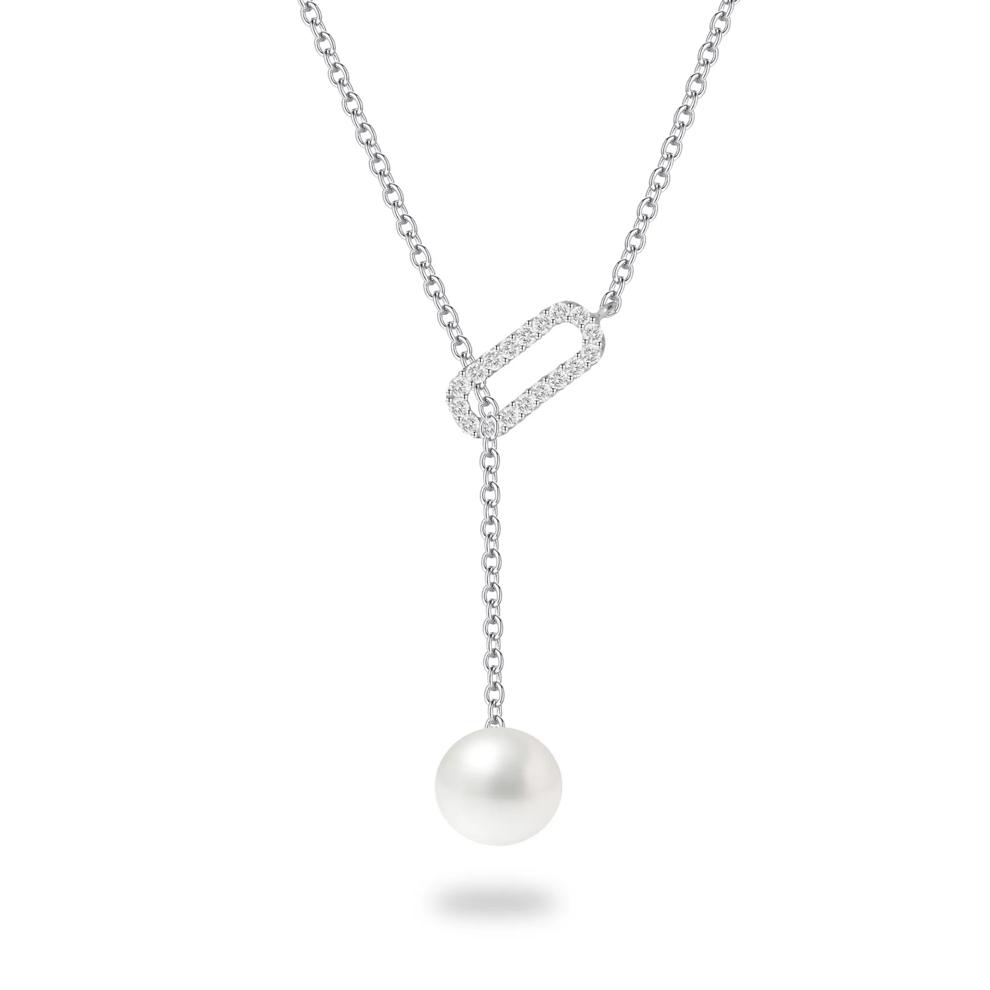 Freshwater Cultured Pearl &amp; Diamond Y-Necklace in 10K White Gold (1/10 ct. tw.) – Image 2 of 4