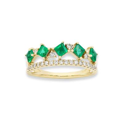 Square Emerald & Round Diamond Double-Row Band Ring in 10K Yellow Gold (1/5 ct. tw.)