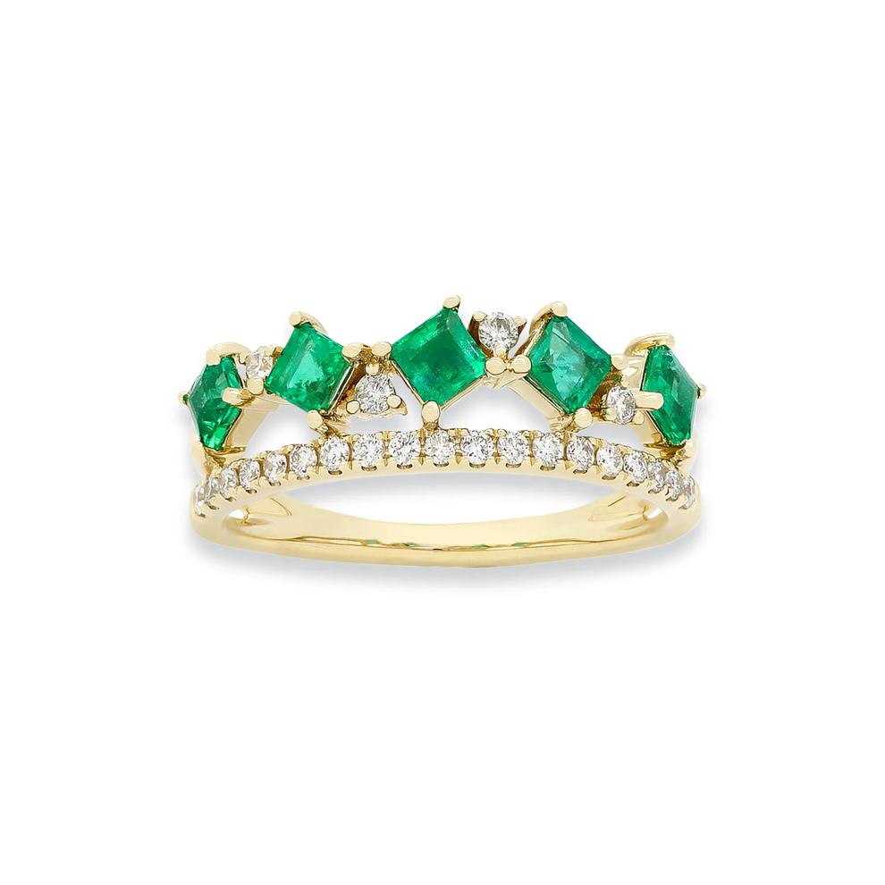 Square Emerald &amp; Round Diamond Double-Row Band Ring in 10K Yellow Gold (1/5 ct. tw.) – Image 1 of 3