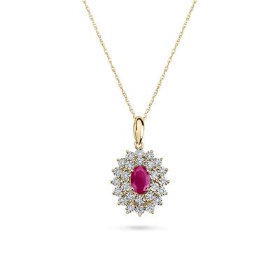 Oval Ruby & Diamond Double Halo Pendant Necklace in 10K Yellow Gold (1/10 ct. tw.)