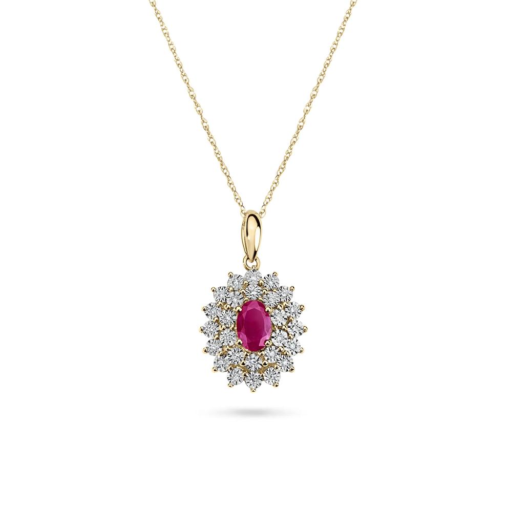 Oval Ruby &amp; Diamond Double Halo Pendant Necklace in 10K Yellow Gold (1/10 ct. tw.) – Image 1 of 4