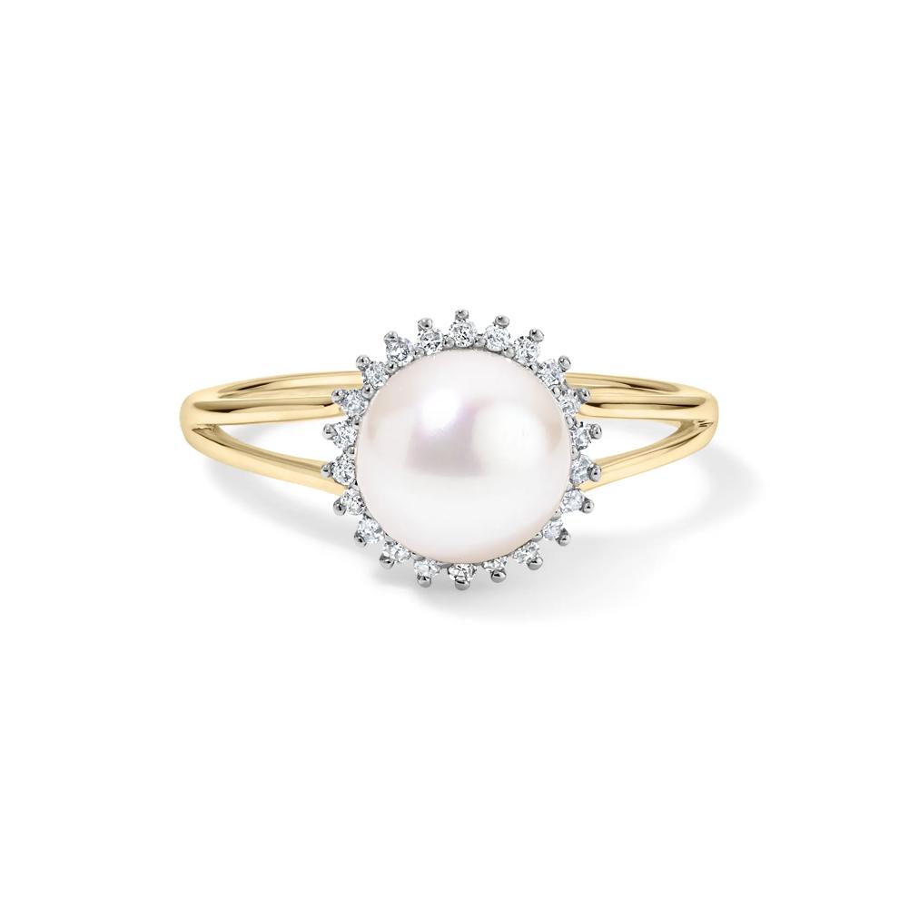Freshwater Cultured Pearl &amp; Diamond Split-Shank Ring in 10K Yellow Gold (1/8 ct. tw.) – Image 1 of 4