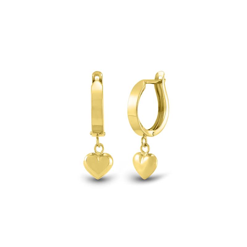 Huggie Hoop Earrings with Heart Dangle in 14K Yellow Gold – Image 1 of 1