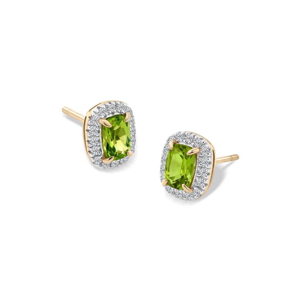 Cushion Peridot &amp; Diamond Halo Stud Earrings in 10K Yellow Gold (1/5 ct. tw.) – Image 1 of 2