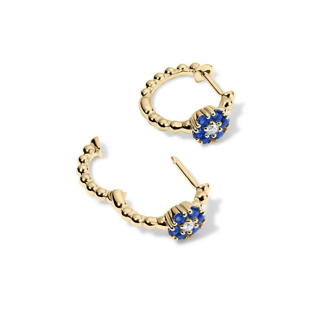 Blue Sapphire &amp; Diamond Accent Flower Hoop Earrings in 10K Yellow Gold – Image 2 of 2