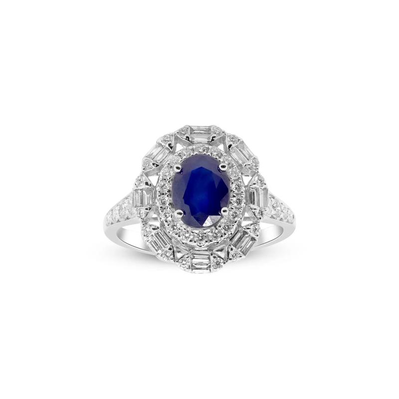 Blue Sapphire and Diamond Ornate Halo Ring in 14K White Gold &#40;7/8 ct. tw.&#41; – Image 1 of 4