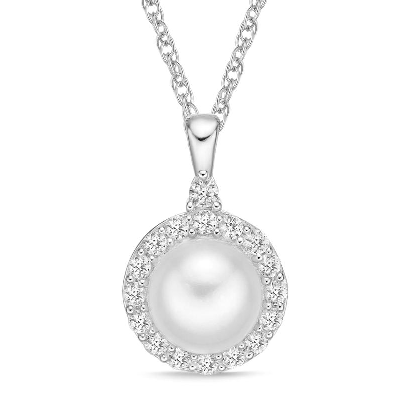 Freshwater Cultured Button Pearl and Lab-Created White Sapphire Pendant in Sterling Silver – Image 1 of 3