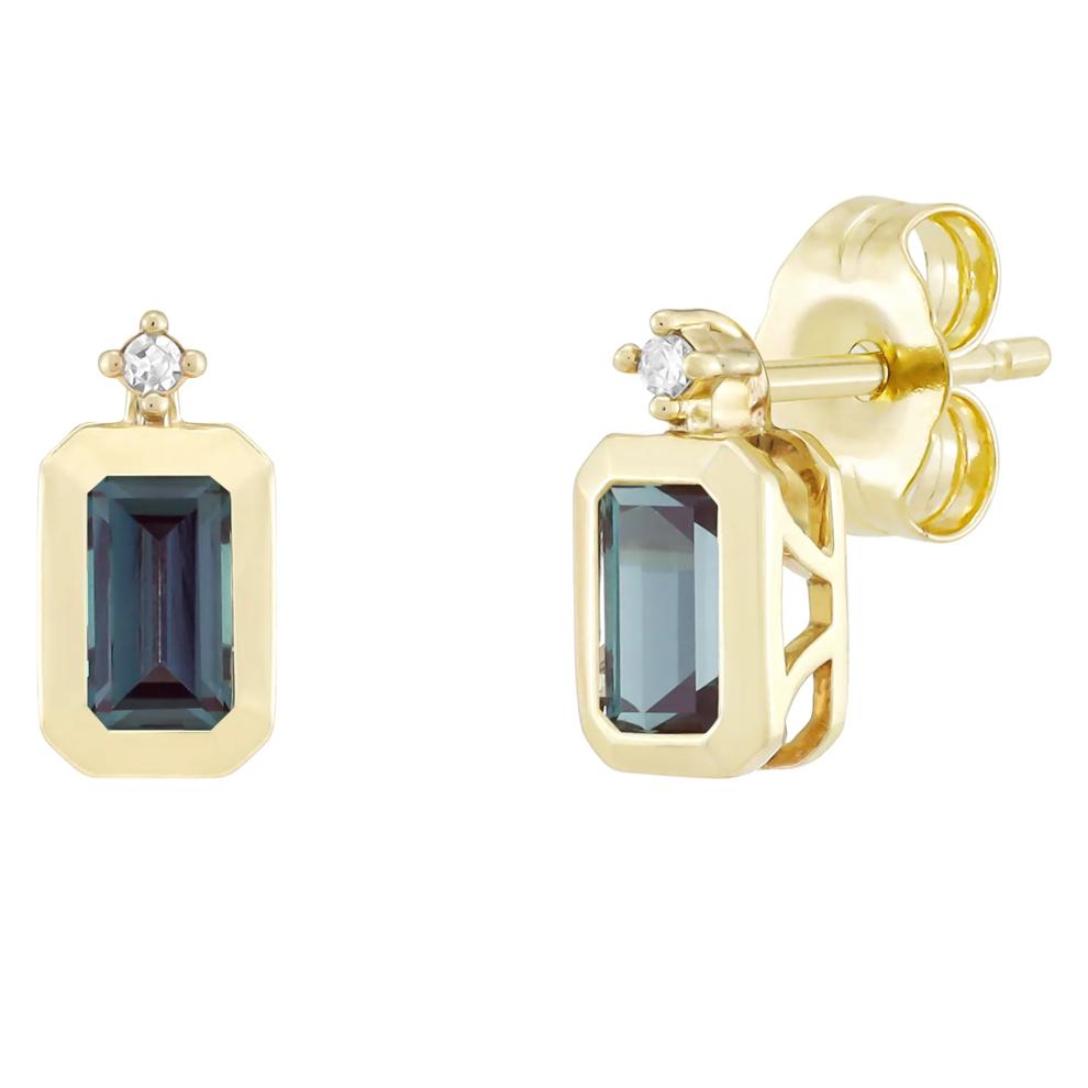 Emerald-Cut Lab-Created Alexandrite and Diamond Accent Bezel Earrings in 10K Yellow Gold – Image 1 of 1