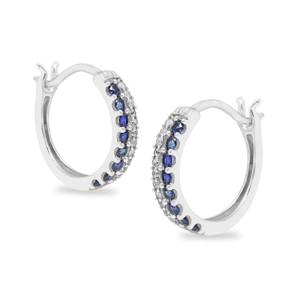 Blue Sapphire &amp; Diamond 14mm Hoop Earrings in 10K White Gold (1/8 ct. tw.) – Image 1 of 2