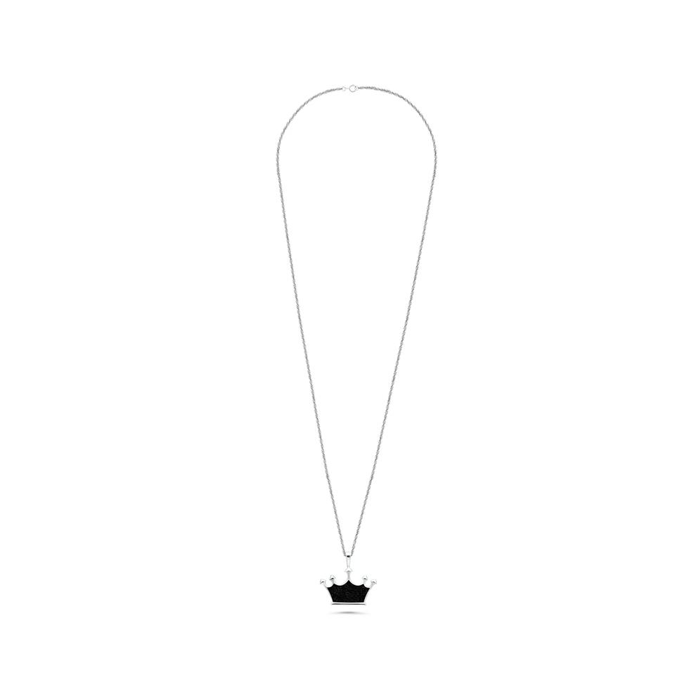 Men's Crushed Black Diamond Crown Pendant Necklace in Sterling Silver – Image 3 of 4