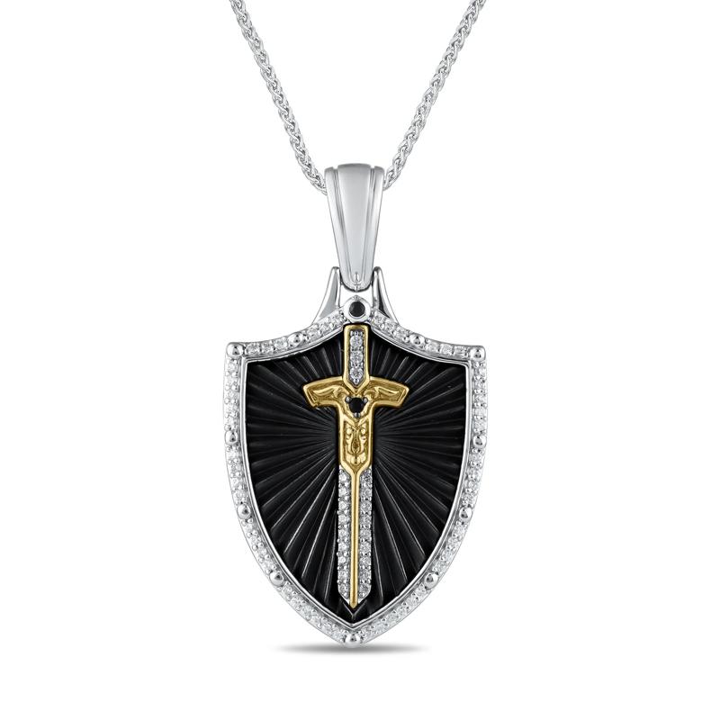 Black and White Diamond Sword and Shield Pendant in Sterling Silver and 10K Yellow Gold &#40;1/5 ct. tw.&#41; – Image 1 of 4