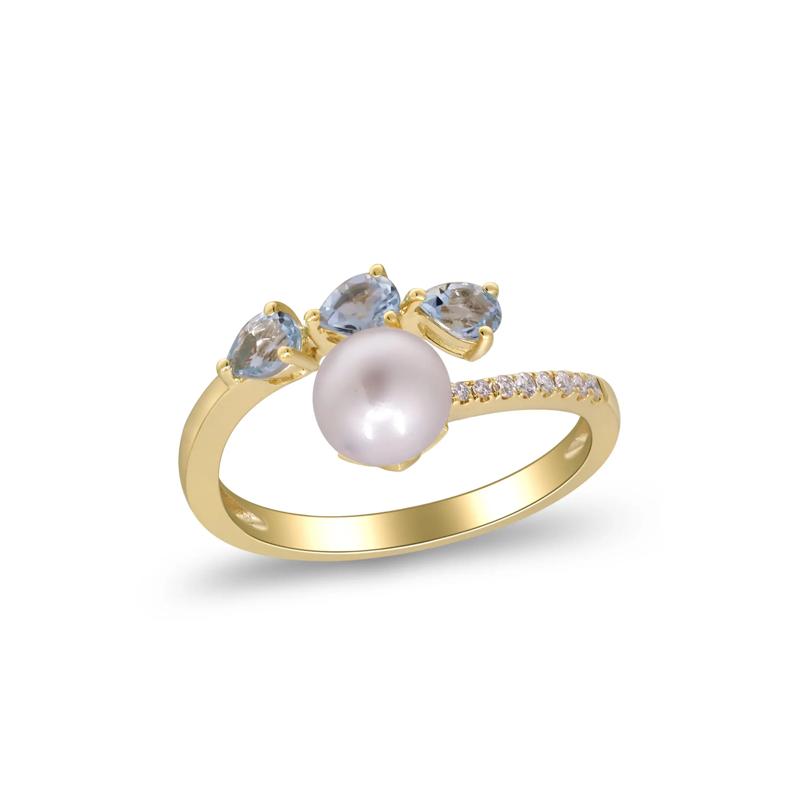 Pearl, Diamond Accent and Aquamarine Ring in 10K Yellow Gold – Image 4 of 4