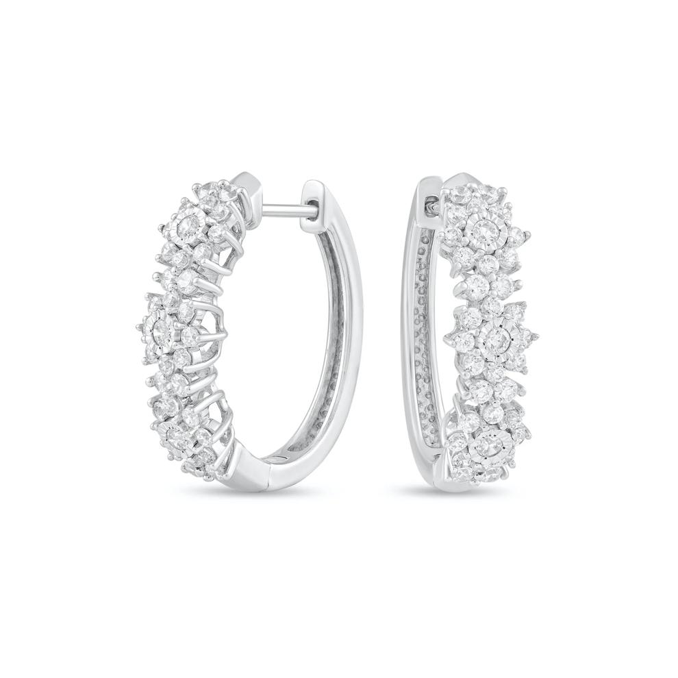 Diamond Floral Hoop Earring in 10K White Gold (1 ct. tw.) – Image 1 of 2