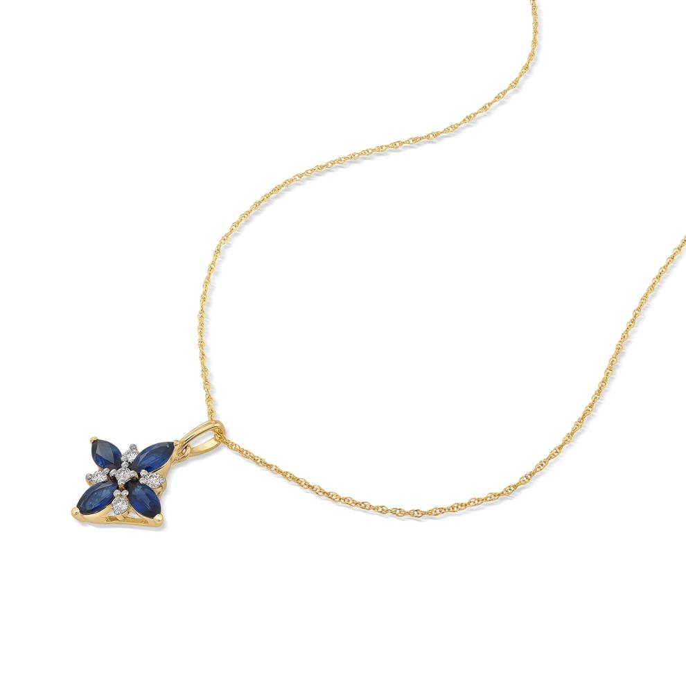 Blue Sapphire &amp; Diamond Floral Pendant Necklace in 10K Yellow Gold (1/10 ct. tw.) – Image 3 of 4