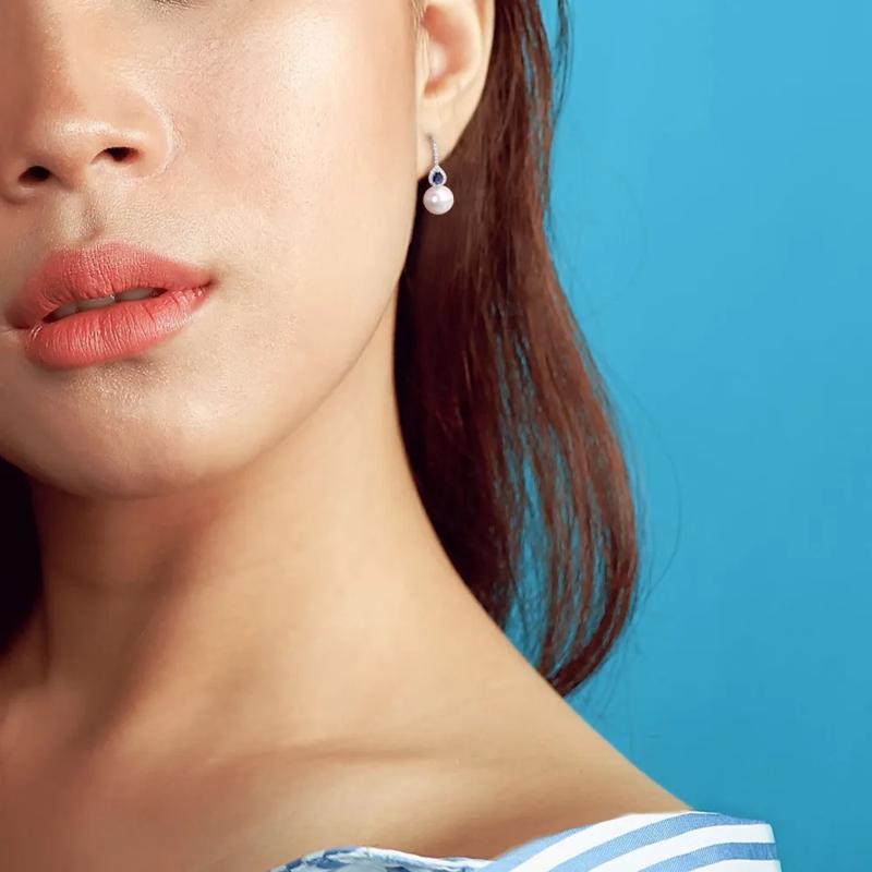 Freshwater Pearl Drop Earrings with Blue Sapphires &amp; Diamonds in 14K White Gold &#40;1/8 ct. tw.&#41; – Image 3 of 4