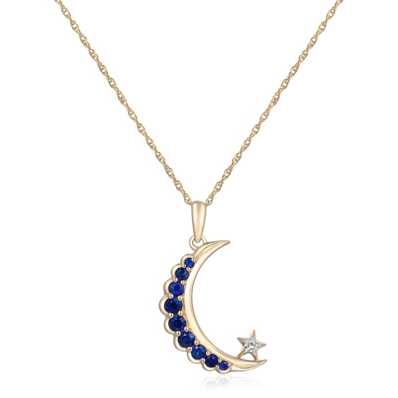 Blue Sapphire and Diamond Accent Moon and Star Pendant in 10K Yellow Gold – Image 1 of 3