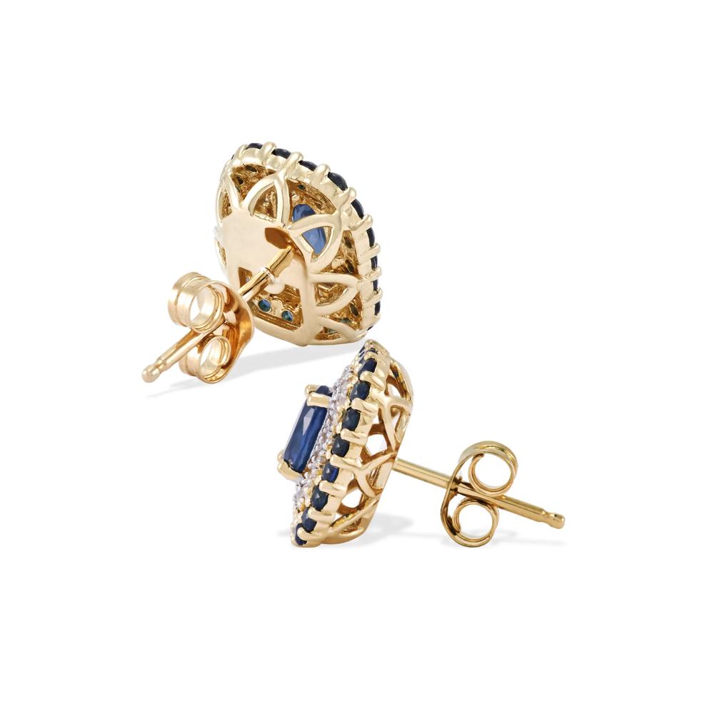 Blue Sapphire &amp; Diamond Double Halo Stud Earrings in 10K Yellow Gold (1/8 ct. tw.) – Image 2 of 2