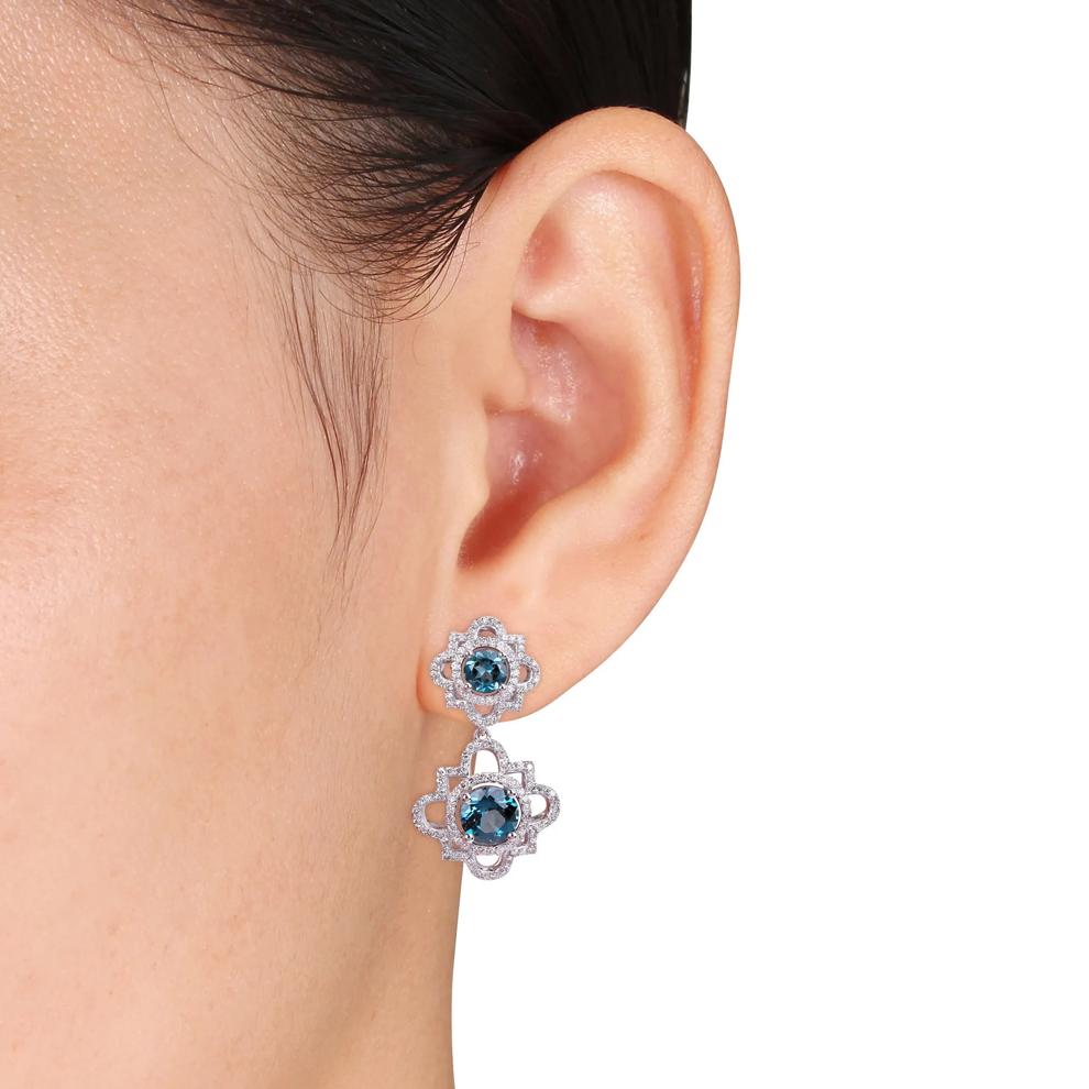 Blue Topaz &amp; Diamond Drop Earrings in 14K White Gold (1 ct. tw.) – Image 2 of 4