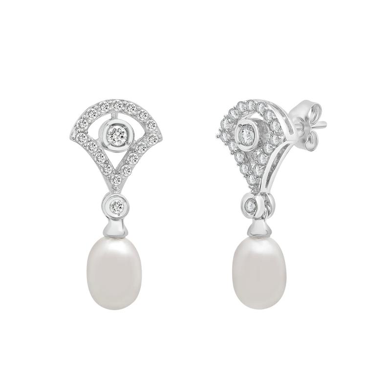 Freshwater Cultured Pearl and Lab Grown White Sapphire Drop Earrings in Sterling Silver – Image 1 of 1