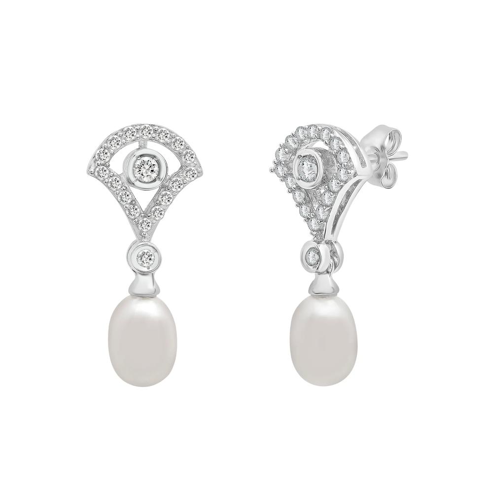 Freshwater Cultured Pearl and Lab Grown White Sapphire Drop Earrings in Sterling Silver – Image 1 of 1