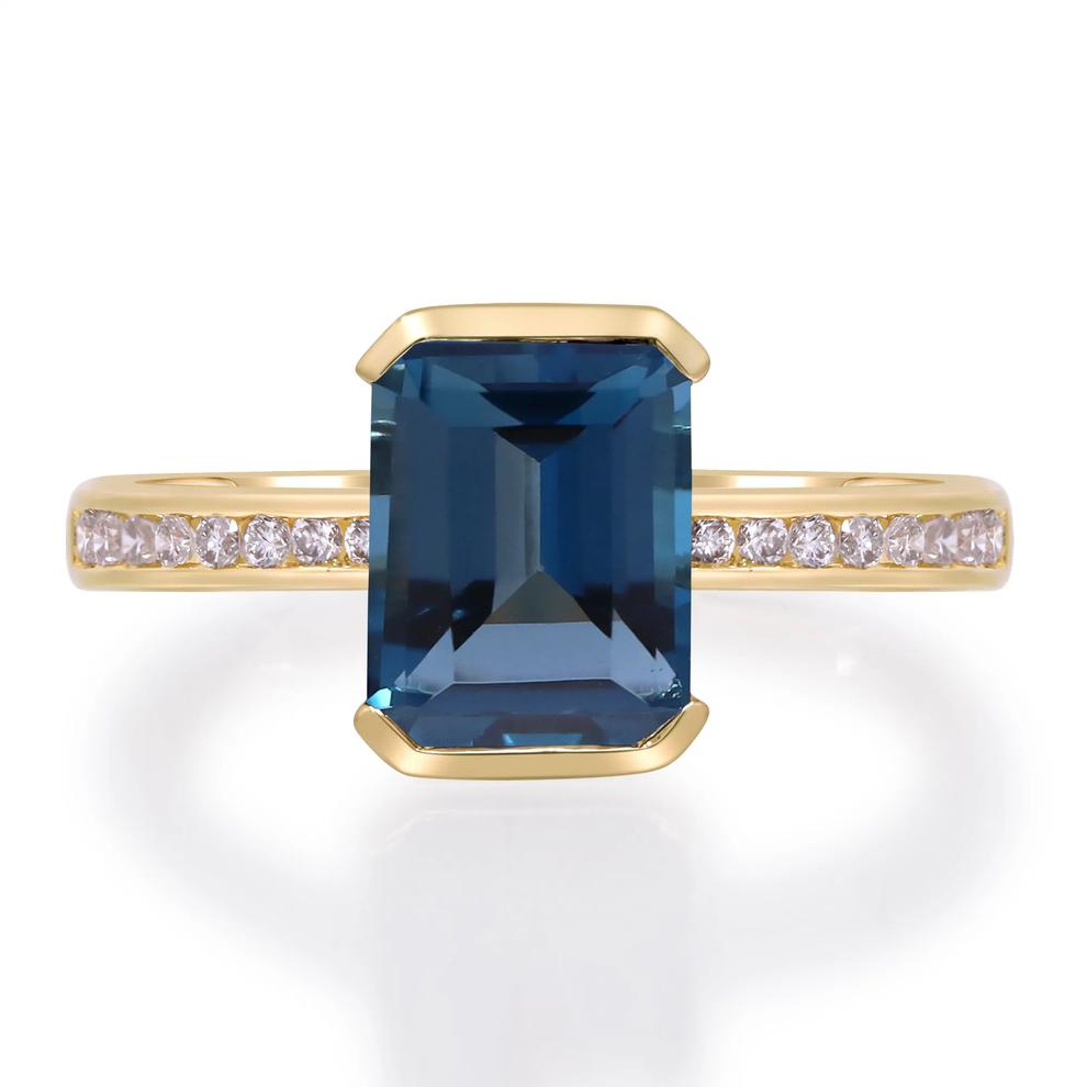 Emerald-Cut London Blue Topaz &amp; Diamond Ring in 10K Yellow Gold (1/5 ct. tw.) – Image 1 of 4