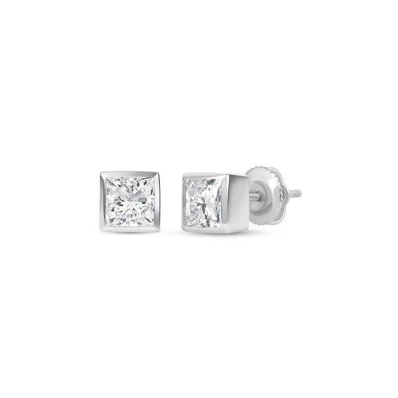 Lab Grown Diamond Princess-Cut Bezel-Set Solitaire Stud Earrings in 14K White Gold &#40;1/2 ct. tw.&#41; – Image 1 of 3