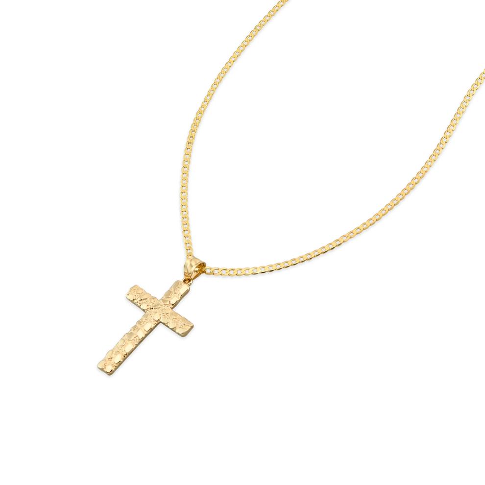 Solid Nugget Cross Pendant Curb Chain Necklace in 10K Yellow Gold – Image 3 of 4