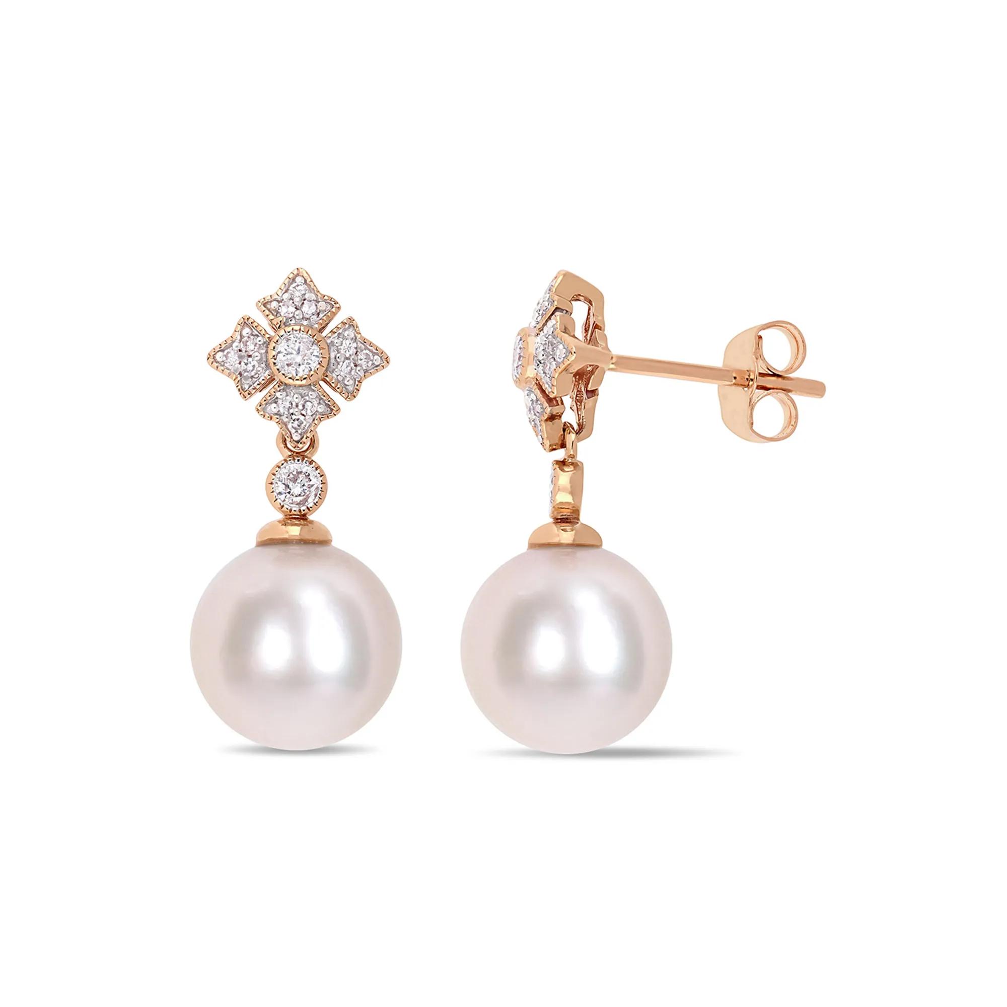 Cultured Freshwater Pearl Earrings with Diamond Drop