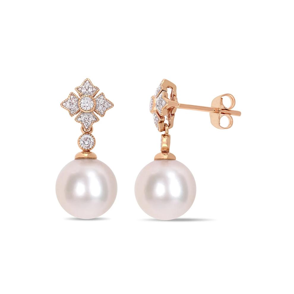 Cultured Freshwater Pearl Earrings with Diamond Drop in 10K Rose Gold (1/8 ct. tw.) – Image 1 of 3